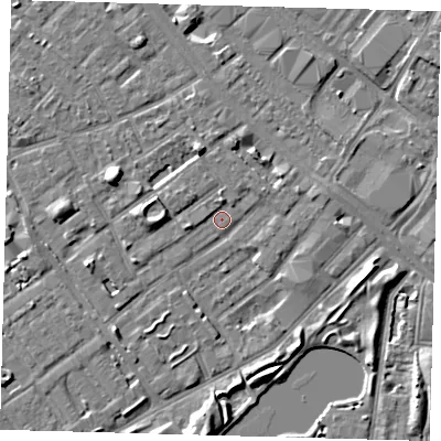 Shaded relief map of the ground around SE172LQ, computed from Environment Agency LiDAR. The ground here sits at about 2 m above sea level and falls 7 m across the surrounding 800 m. Surface water reaching this point runs off ground lying to the west-north-west, 5.7 m higher.