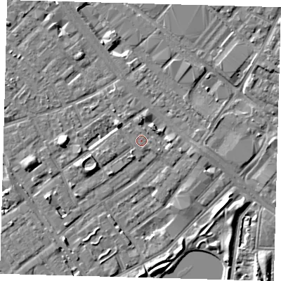 Shaded relief map of the ground around SE172LR, computed from Environment Agency LiDAR. The ground here sits at about 3 m above sea level and falls 7 m across the surrounding 800 m. The ground contributing surface water to this point lies to the south-south-east.
