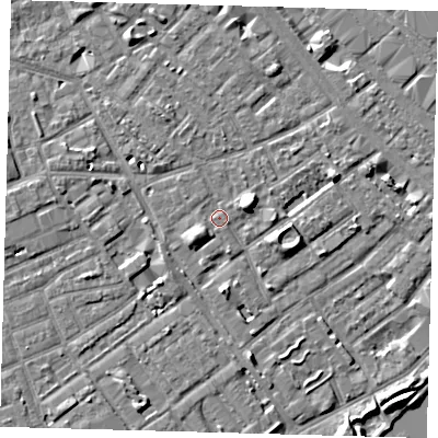 Shaded relief map of the ground around SE172LW, computed from Environment Agency LiDAR. The ground here sits at about 3 m above sea level and falls 7 m across the surrounding 800 m. Surface water reaching this point runs off ground lying to the south-west, 2.1 m higher.
