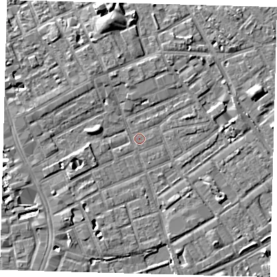 Shaded relief map of the ground around SE172NS, computed from Environment Agency LiDAR. The ground here sits at about 3 m above sea level and falls 6 m across the surrounding 800 m. Surface water reaching this point runs off ground lying to the west, 3.6 m higher.