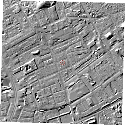 Shaded relief map of the ground around SE172NT, computed from Environment Agency LiDAR. The ground here sits at about 3 m above sea level and falls 7 m across the surrounding 800 m. The ground contributing surface water to this point lies to the east-south-east.