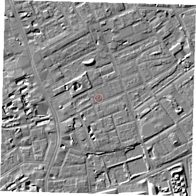 Shaded relief map of the ground around SE172NW, computed from Environment Agency LiDAR. The ground here sits at about 3 m above sea level and falls 5 m across the surrounding 800 m. Surface water reaching this point runs off ground lying to the south-west, 1.6 m higher.