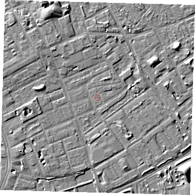 Shaded relief map of the ground around SE172NZ, computed from Environment Agency LiDAR. The ground here sits at about 3 m above sea level and falls 8 m across the surrounding 800 m. Surface water reaching this point runs off ground lying to the west, 3.7 m higher.