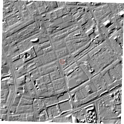 Shaded relief map of the ground around SE172PB, computed from Environment Agency LiDAR. The ground here sits at about 3 m above sea level and falls 7 m across the surrounding 800 m. Surface water reaching this point runs off ground lying to the north-west, 3.7 m higher.