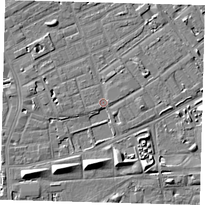 Shaded relief map of the ground around SE172PE, computed from Environment Agency LiDAR. The ground here sits at about 3 m above sea level and falls 8 m across the surrounding 800 m. Surface water reaching this point runs off ground lying to the west, 2.6 m higher.