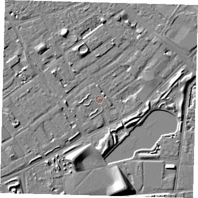 Shaded relief map of the ground around SE172QR, computed from Environment Agency LiDAR. The ground here sits at about 3 m above sea level and falls 9 m across the surrounding 800 m. Surface water reaching this point runs off ground lying to the west-south-west, 1.0 m higher.