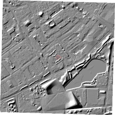 Shaded relief map of the ground around SE172QT, computed from Environment Agency LiDAR. The ground here sits at about 2 m above sea level and falls 9 m across the surrounding 800 m. Surface water reaching this point runs off ground lying to the west-north-west, 0.9 m higher.