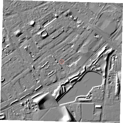 Shaded relief map of the ground around SE172QW, computed from Environment Agency LiDAR. The ground here sits at about 2 m above sea level and falls 9 m across the surrounding 800 m. Surface water reaching this point runs off ground lying to the west-south-west, 2.2 m higher.