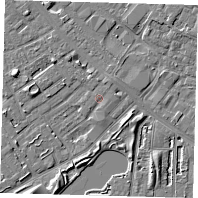 Shaded relief map of the ground around SE172QX, computed from Environment Agency LiDAR. The ground here sits at about 3 m above sea level and falls 7 m across the surrounding 800 m. Surface water reaching this point runs off ground lying to the west-north-west, 5.7 m higher.