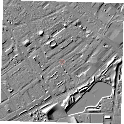 Shaded relief map of the ground around SE172RD, computed from Environment Agency LiDAR. The ground here sits at about 2 m above sea level and falls 8 m across the surrounding 800 m. Surface water reaching this point runs off ground lying to the north-west, 5.7 m higher.