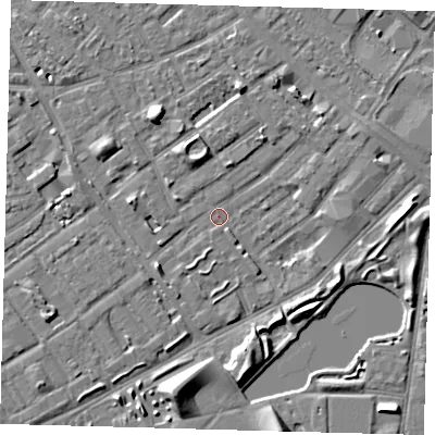 Shaded relief map of the ground around SE172RE, computed from Environment Agency LiDAR. The ground here sits at about 2 m above sea level and falls 8 m across the surrounding 800 m. Surface water reaching this point runs off ground lying to the north-north-west, 5.7 m higher.