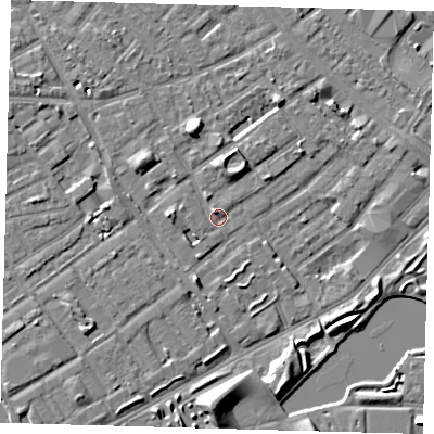 Shaded relief map of the ground around SE172RF, computed from Environment Agency LiDAR. The ground here sits at about 3 m above sea level and falls 8 m across the surrounding 800 m. Surface water reaching this point runs off ground lying to the north-north-west, 4.8 m higher.