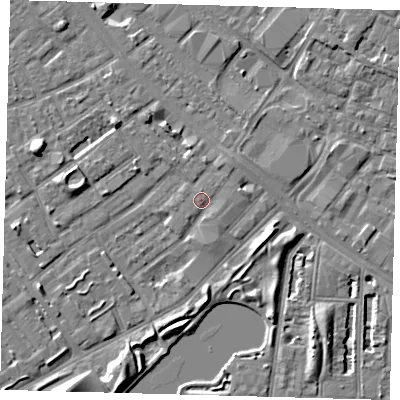 Shaded relief map of the ground around SE172RL, computed from Environment Agency LiDAR. The ground here sits at about 3 m above sea level and falls 7 m across the surrounding 800 m. Surface water reaching this point runs off ground lying to the west-north-west, 5.7 m higher.