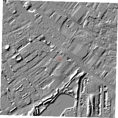 Shaded relief map of the ground around SE172RN, computed from Environment Agency LiDAR. The ground here sits at about 3 m above sea level and falls 7 m across the surrounding 800 m. Surface water reaching this point runs off ground lying to the east-south-east, 1.0 m higher.