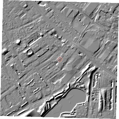 Shaded relief map of the ground around SE172RS, computed from Environment Agency LiDAR. The ground here sits at about 3 m above sea level and falls 7 m across the surrounding 800 m. Surface water reaching this point runs off ground lying to the west-north-west, 5.7 m higher.