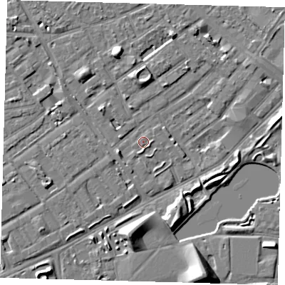 Shaded relief map of the ground around SE172RT, computed from Environment Agency LiDAR. The ground here sits at about 3 m above sea level and falls 9 m across the surrounding 800 m. Surface water reaching this point runs off ground lying to the south, 0.9 m higher.