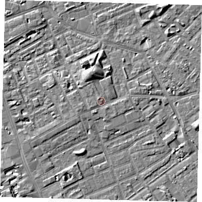 Shaded relief map of the ground around SE172SB, computed from Environment Agency LiDAR. The ground here sits at about 4 m above sea level and falls 6 m across the surrounding 800 m. Surface water reaching this point runs off ground lying to the west-south-west, 1.1 m higher.