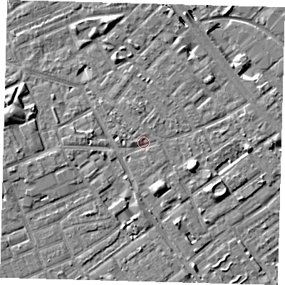 Shaded relief map of the ground around SE172SS, computed from Environment Agency LiDAR. The ground here sits at about 3 m above sea level and falls 8 m across the surrounding 800 m. Surface water reaching this point runs off ground lying to the west, 1.0 m higher.