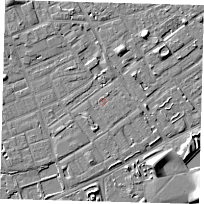 Shaded relief map of the ground around SE172TR, computed from Environment Agency LiDAR. The ground here sits at about 3 m above sea level and falls 8 m across the surrounding 800 m. Surface water reaching this point runs off ground lying to the south-south-east, 0.5 m higher.
