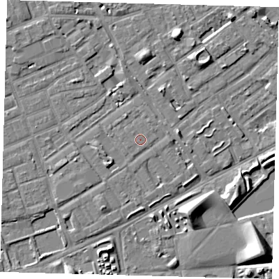 Shaded relief map of the ground around SE172TS, computed from Environment Agency LiDAR. The ground here sits at about 3 m above sea level and falls 9 m across the surrounding 800 m. The ground contributing surface water to this point lies to the south-west.