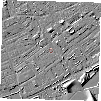 Shaded relief map of the ground around SE172TU, computed from Environment Agency LiDAR. The ground here sits at about 3 m above sea level and falls 9 m across the surrounding 800 m. Surface water reaching this point runs off ground lying to the west-south-west, 1.2 m higher.