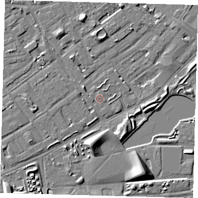 Shaded relief map of the ground around SE172US, computed from Environment Agency LiDAR. The ground here sits at about 3 m above sea level and falls 9 m across the surrounding 800 m. Surface water reaching this point runs off ground lying to the north, 1.0 m higher.