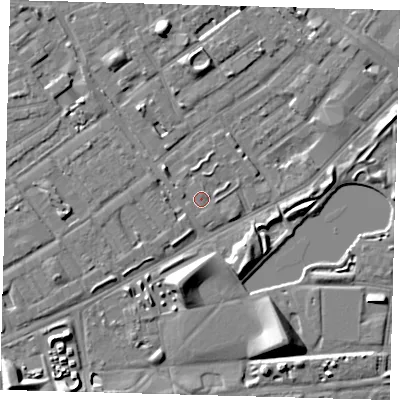 Shaded relief map of the ground around SE172UW, computed from Environment Agency LiDAR. The ground here sits at about 3 m above sea level and falls 9 m across the surrounding 800 m. Surface water reaching this point runs off ground lying to the north-north-west, 1.0 m higher.