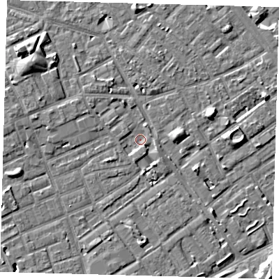 Shaded relief map of the ground around SE172XE, computed from Environment Agency LiDAR. The ground here sits at about 2 m above sea level and falls 7 m across the surrounding 800 m. Surface water reaching this point runs off ground lying to the south-west, 1.9 m higher.