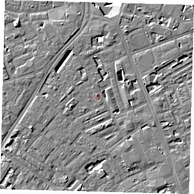 Shaded relief map of the ground around SE173AE, computed from Environment Agency LiDAR. The ground here sits at about 4 m above sea level and falls 10 m across the surrounding 800 m. Surface water reaching this point runs off ground lying to the west-south-west, 3.0 m higher.