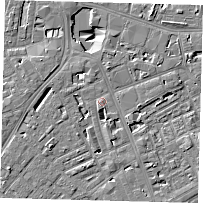 Shaded relief map of the ground around SE173AF, computed from Environment Agency LiDAR. The ground here sits at about 4 m above sea level and falls 9 m across the surrounding 800 m. Surface water reaching this point runs off ground lying to the south-south-east, 4.0 m higher.