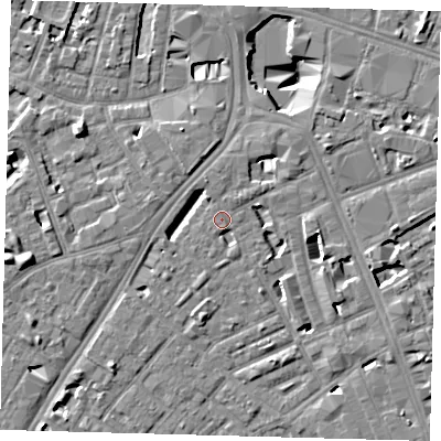 Shaded relief map of the ground around SE173AN, computed from Environment Agency LiDAR. The ground here sits at about 3 m above sea level and falls 11 m across the surrounding 800 m. Surface water reaching this point runs off ground lying to the north, 0.8 m higher.