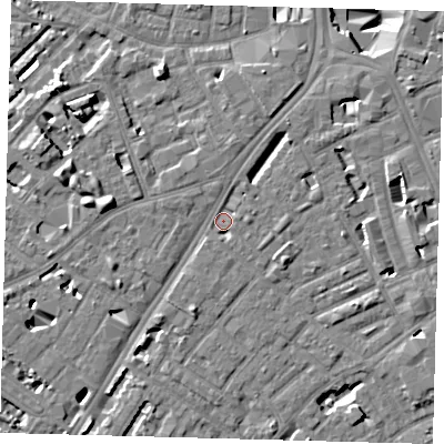 Shaded relief map of the ground around SE173AU, computed from Environment Agency LiDAR. The ground here sits at about 3 m above sea level and falls 11 m across the surrounding 800 m. Surface water reaching this point runs off ground lying to the west, 6.5 m higher.