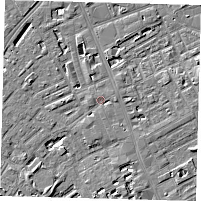 Shaded relief map of the ground around SE173BB, computed from Environment Agency LiDAR. The ground here sits at about 3 m above sea level and falls 6 m across the surrounding 800 m. Surface water reaching this point runs off ground lying to the east, 2.4 m higher.
