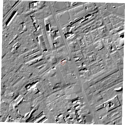 Shaded relief map of the ground around SE173BD, computed from Environment Agency LiDAR. The ground here sits at about 3 m above sea level and falls 6 m across the surrounding 800 m. Surface water reaching this point runs off ground lying to the east-north-east, 2.4 m higher.