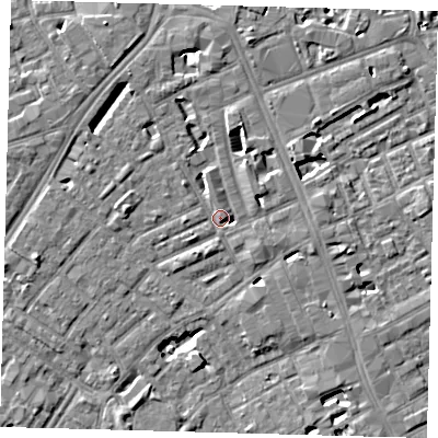 Shaded relief map of the ground around SE173BF, computed from Environment Agency LiDAR. The ground here sits at about 4 m above sea level and falls 5 m across the surrounding 800 m. Surface water reaching this point runs off ground lying to the west, 4.2 m higher.