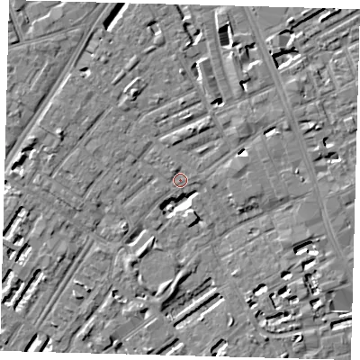 Shaded relief map of the ground around SE173BL, computed from Environment Agency LiDAR. The ground here sits at about 3 m above sea level and falls 5 m across the surrounding 800 m. Surface water reaching this point runs off ground lying to the south-south-west, 4.6 m higher.