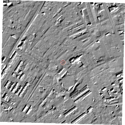 Shaded relief map of the ground around SE173BN, computed from Environment Agency LiDAR. The ground here sits at about 3 m above sea level and falls 7 m across the surrounding 800 m. Surface water reaching this point runs off ground lying to the south, 4.6 m higher.