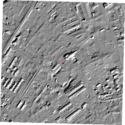 Shaded relief map of the ground around SE173BP, computed from Environment Agency LiDAR. The ground here sits at about 3 m above sea level and falls 7 m across the surrounding 800 m. Surface water reaching this point runs off ground lying to the south, 4.6 m higher.
