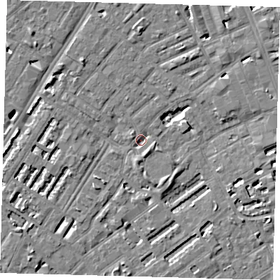 Shaded relief map of the ground around SE173BS, computed from Environment Agency LiDAR. The ground here sits at about 2 m above sea level and falls 5 m across the surrounding 800 m. Surface water reaching this point runs off ground lying to the south-south-east, 4.6 m higher.