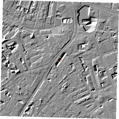 Shaded relief map of the ground around SE173DH, computed from Environment Agency LiDAR. The ground here sits at about 3 m above sea level and falls 11 m across the surrounding 800 m. Surface water reaching this point runs off ground lying to the north, 2.9 m higher.