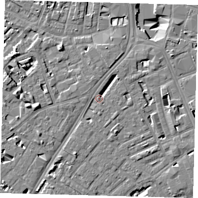Shaded relief map of the ground around SE173DJ, computed from Environment Agency LiDAR. The ground here sits at about 4 m above sea level and falls 11 m across the surrounding 800 m. Surface water reaching this point runs off ground lying to the west, 4.9 m higher.