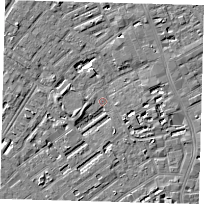 Shaded relief map of the ground around SE173DT, computed from Environment Agency LiDAR. The ground here sits at about 3 m above sea level and falls 5 m across the surrounding 800 m. Surface water reaching this point runs off ground lying to the west-south-west, 4.0 m higher.