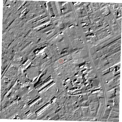 Shaded relief map of the ground around SE173DU, computed from Environment Agency LiDAR. The ground here sits at about 3 m above sea level and falls 5 m across the surrounding 800 m. Surface water reaching this point runs off ground lying to the west-south-west, 4.6 m higher.