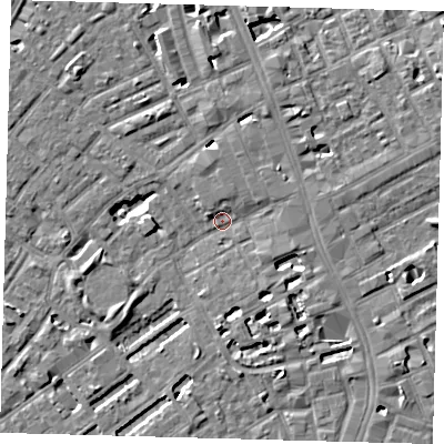 Shaded relief map of the ground around SE173DW, computed from Environment Agency LiDAR. The ground here sits at about 3 m above sea level and falls 5 m across the surrounding 800 m. Surface water reaching this point runs off ground lying to the south-west, 3.7 m higher.