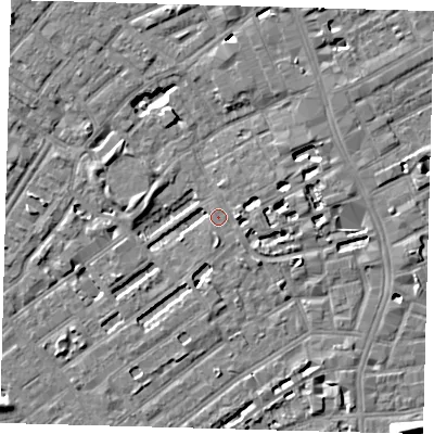 Shaded relief map of the ground around SE173ED, computed from Environment Agency LiDAR. The ground here sits at about 3 m above sea level and falls 8 m across the surrounding 800 m. Surface water reaching this point runs off ground lying to the east-north-east, 4.1 m higher.