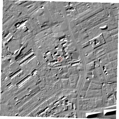 Shaded relief map of the ground around SE173EQ, computed from Environment Agency LiDAR. The ground here sits at about 3 m above sea level and falls 8 m across the surrounding 800 m. Surface water reaching this point runs off ground lying to the north-north-east, 2.5 m higher.