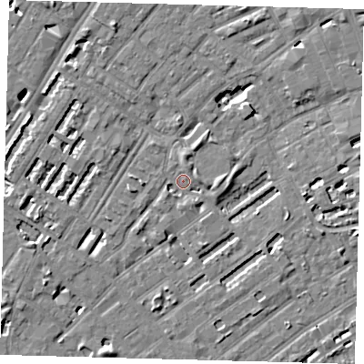 Shaded relief map of the ground around SE173ES, computed from Environment Agency LiDAR. The ground here sits at about 3 m above sea level and falls 6 m across the surrounding 800 m. Surface water reaching this point runs off ground lying to the east-north-east, 3.8 m higher.