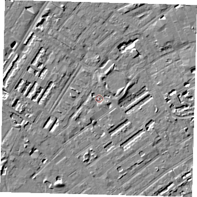 Shaded relief map of the ground around SE173ET, computed from Environment Agency LiDAR. The ground here sits at about 2 m above sea level and falls 6 m across the surrounding 800 m. Surface water reaching this point runs off ground lying to the east, 3.7 m higher.