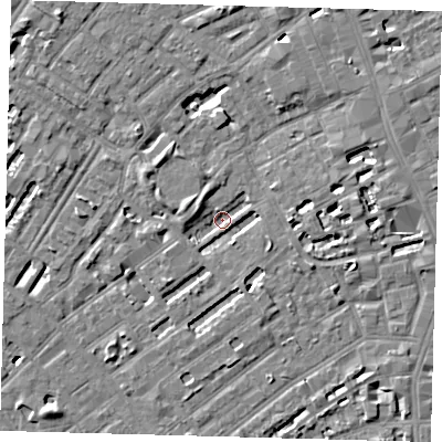 Shaded relief map of the ground around SE173EW, computed from Environment Agency LiDAR. The ground here sits at about 2 m above sea level and falls 6 m across the surrounding 800 m. Surface water reaching this point runs off ground lying to the east-south-east, 3.9 m higher.