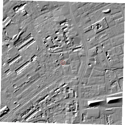 Shaded relief map of the ground around SE173FS, computed from Environment Agency LiDAR. The ground here sits at about 3 m above sea level and falls 8 m across the surrounding 800 m. Surface water reaching this point runs off ground lying to the north-east, 3.0 m higher.